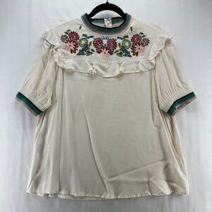 A Picture's Worth Top Womens L Embroidered Ruffled Yoke Short Sleeve Off White